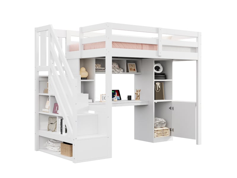 Lit mezzanine enfant 90x200 cm avec bureau, escalier avec rangement, led, prises électriques, étagères, barrières hautes, blanc Radiant Stride - Conforama A