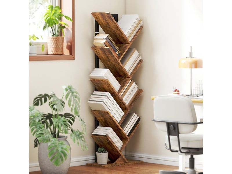 Bibliothèque étagère 9 niveaux 50 x 24 x 136 cm – marron rustique – design arbre pour rangement  - Conforama B