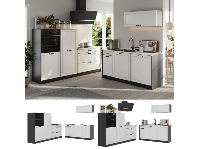  Vicco cuisine, blanc campagneanthracite, 220cm plan de travail marbre  - Conforama D