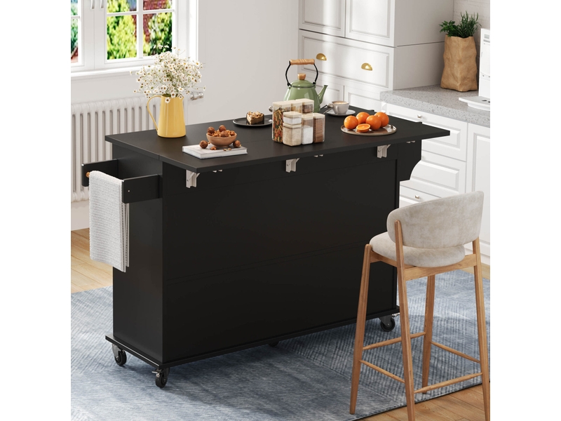 Desserte de cuisine à roulettes avec 4 portes, plateau rabattable et porte-serviettes, noire, 120 × 45(70) × 95 cm - Conforama D