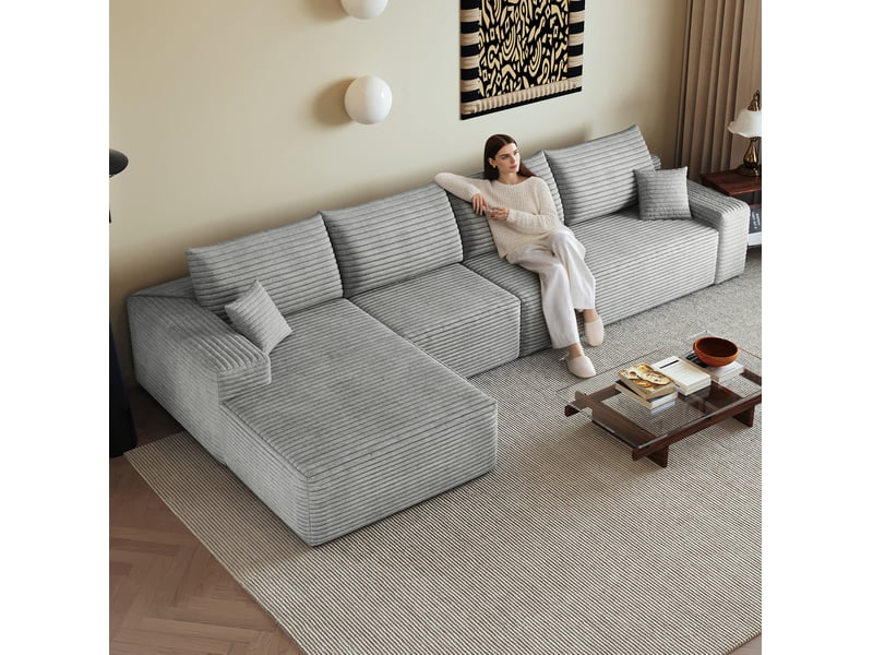  Canapé d’angle modulable 4 places avec méridienne en l gris en velours côtelé, 340 x 175 cm  - Conforama C
