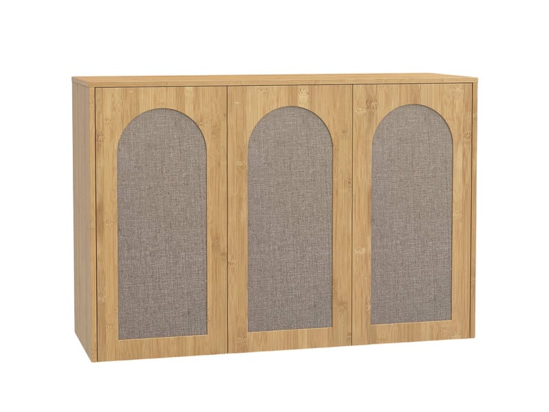  Armoire murale de salle de bain bohème avec 3 portes effet rotin à fermeture douce et étagère réglable, chêne  - Conforama B