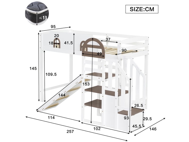  Lit mezzanine enfant 90x200 cm avec toboggan, escalier de rangement, blanc et marron  - Conforama C
