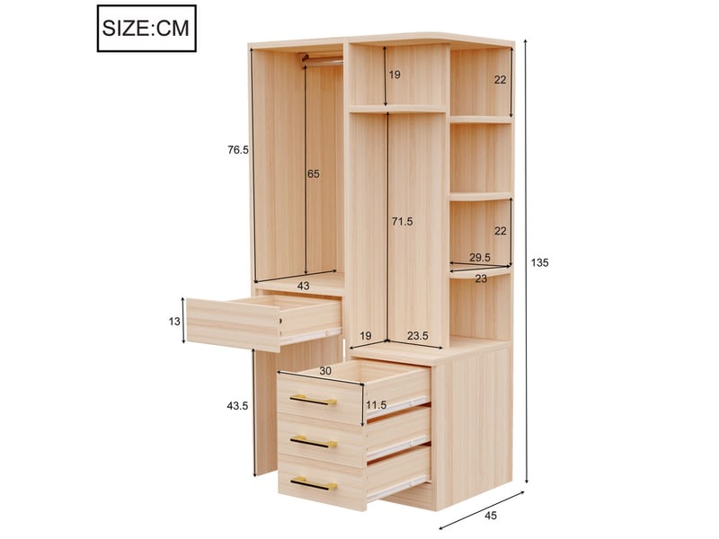  Armoire pour enfant, avec penderie, 3 tiroirs, étagères multi-niveaux, multifonction, 70 × 45 × 135 cm, naturel  - Conforama C