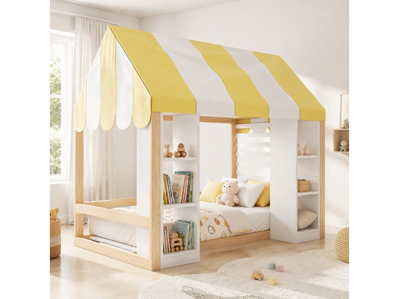  Lit enfant avec ciel de lit 90 x 200 cm, rangements ouverts, structure blanc et bois naturel  - Conforama C