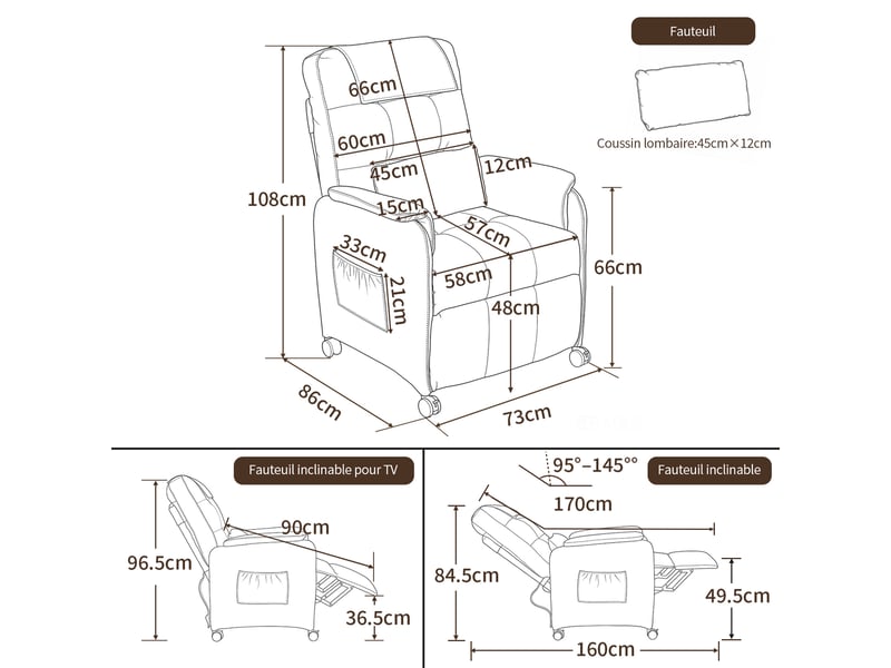 Fauteuil de massage électrique, fauteuil détente pour télévision avec fonction massage et chaleur, 4 roues, gris clair - Conforama B