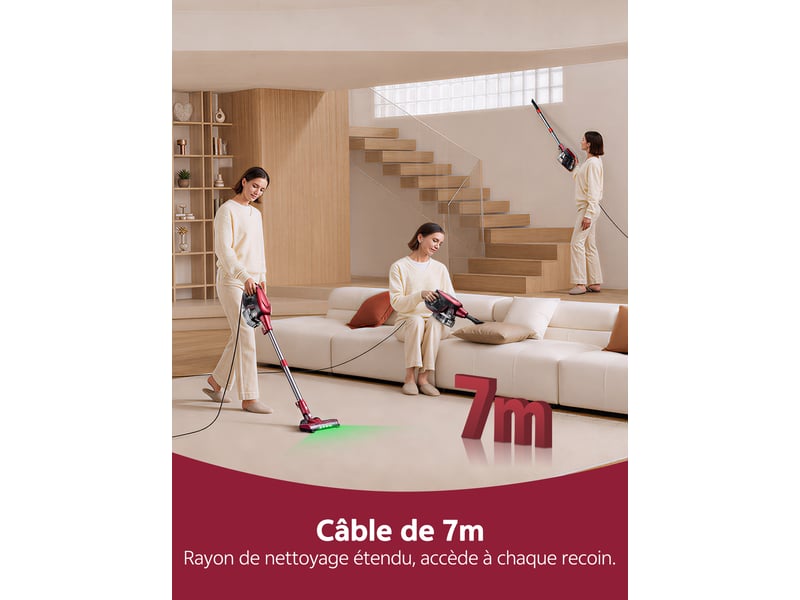  Vactidy blitz c9 - aspirateur balai avec fil - 75kpa - 200aw600w - bac 1.5l - câble 7m - jusqu'à 150m² - ultra-léger 1.7kg - brosse led - filtration 6 étapes  - Conforama D