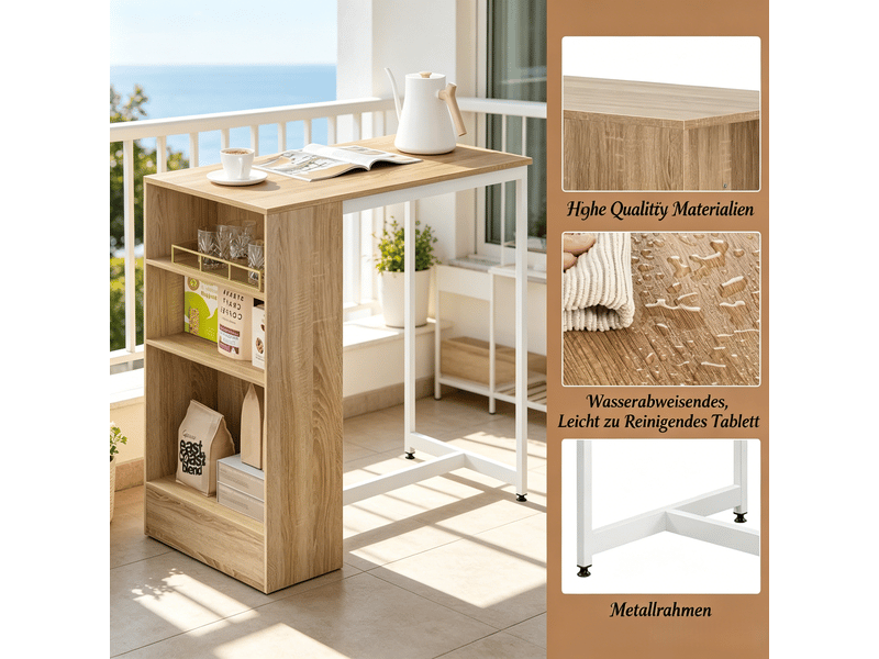  Table de salle à manger avec 3 étagères, rangement pour bouteilles et verres, pour cuisine, en métal et panneaux, blanc et chêne clair  - Conforama C