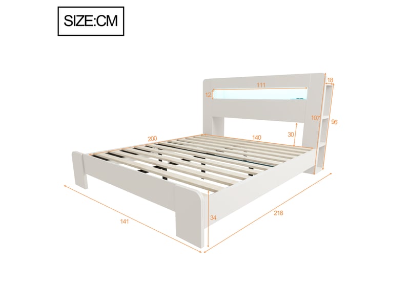  Lit 140 x 200 cm blanc avec rangement tête de lit, led et prises intégrées  - Conforama E
