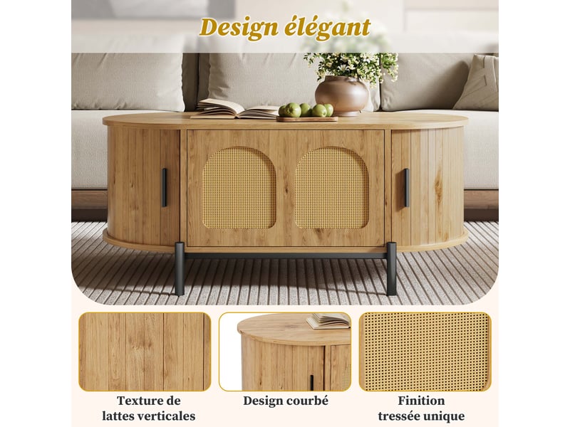 Table basse, avec rangement intégré, 100 x 50 x h 40 cm, bois naturel, structure en mdf, portes coulissantes, plateau ovale, façade effet rotin Luxe haut de gamme - Conforama D