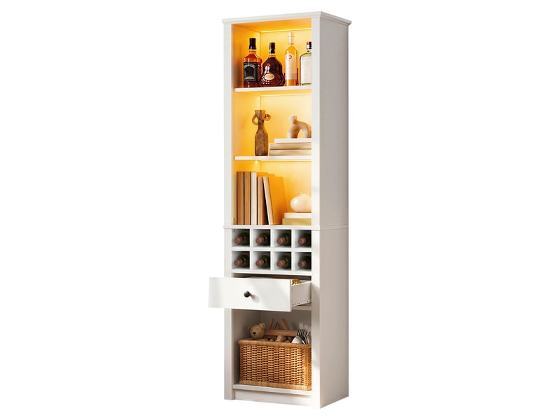  Vitrine d'exposition - 55x40x200cm - colonne haute avec led rgb connectée, range-bouteilles 8 casiers &amp; tiroir - blanc  - Conforama A