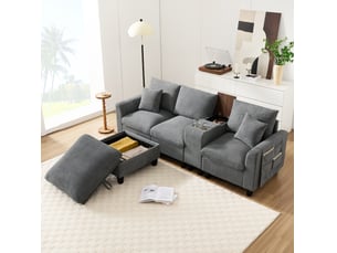 Canapé droit convertible HAVRYA 3 places Velours côtelé gris avec coffre de rangement
