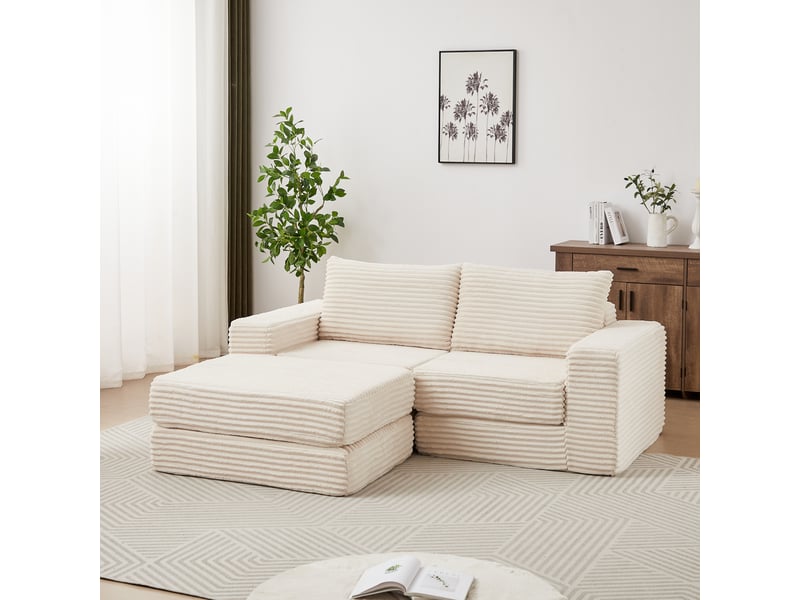  Canapé convertible modulable 2 en 1 en velours côtelé, pouf amovible et utilisable séparément, accoudoirs carrés classiques, 2 coussins inclus beige  - Conforama B