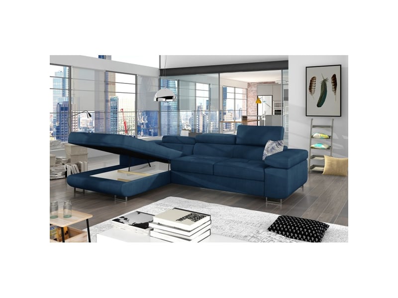  Canapé d'angle convertible amanda bleu foncé tissu chiné avec coffre  - Conforama B