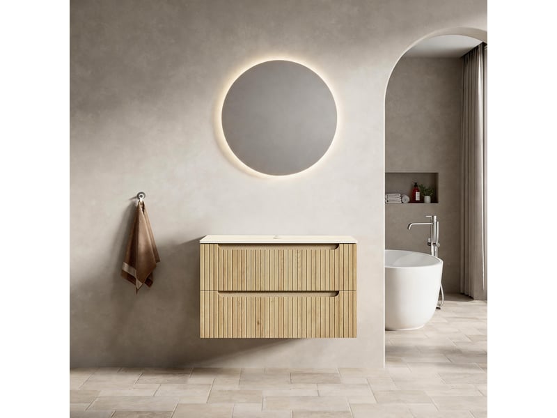 Meuble sous vasque suspendu avec 2 tiroirs, plan en pierre frittée effet travertin, pour salle de bain, chêne clair - Conforama C