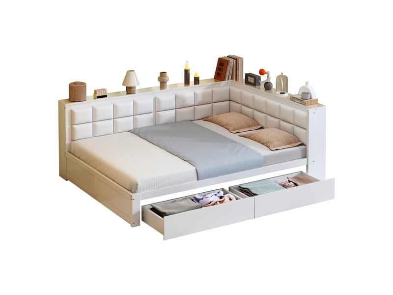 Lit enfant 140x200 cm, canapé-lit avec dossier, 2 tiroirs, rangement et sommier, pin, blanc, sans matelas - Conforama A