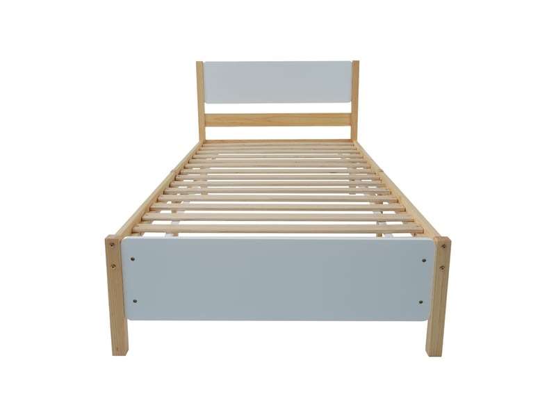  Lit simple en bois - 90x200 cm - blanc + naturel - cadre en pin - tête et pied de lit en mdf - 15 lattes 207x97x82cm - Conforama E