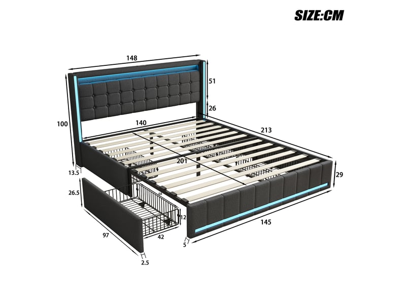  Lit 140 x 200 avec sommier,lit double 140 x 200, 4 tiroirs de rangement, bandeau led port usb, revêtement tissu lin, gris  - Conforama C