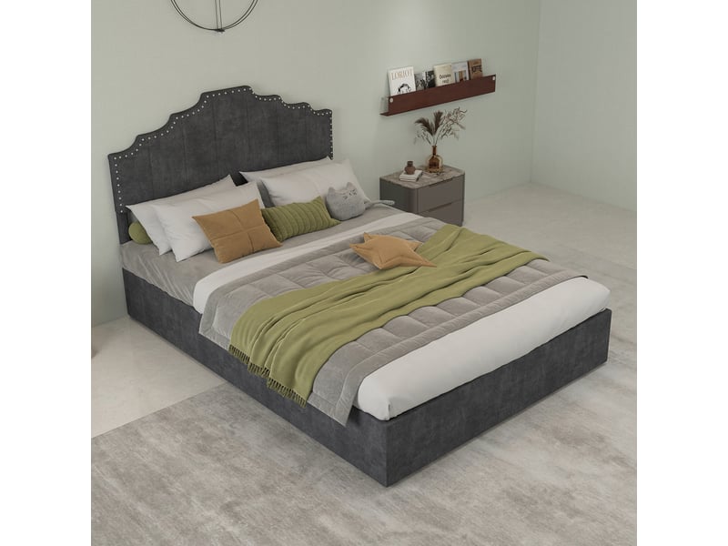  Lit 140x200 cm gris moderne tête moelleuse coffre à gaz sans matelas  - Conforama B
