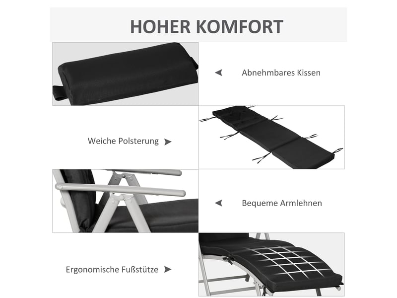 Bain de soleil pliable,137x63,5x100,5 cm,dossier 7 positions,métal,noir  - Conforama D