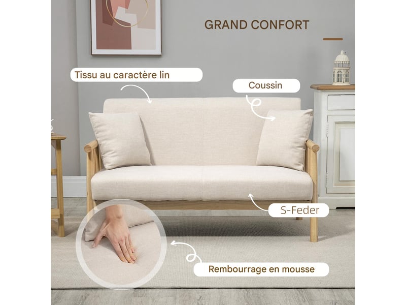  Canapé 2 places en tissu aspect lin et bois massif 123 x 69 x 74 cm beige  - Conforama D