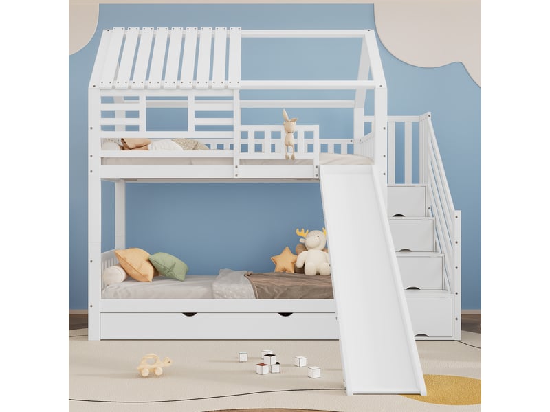  Lit superposé en pin et mdf blanc 90x200 cm avec escalier à rangements, toboggan, fenêtre, toit, barrière anti-chute et tiroir, lot de 2  - Conforama B