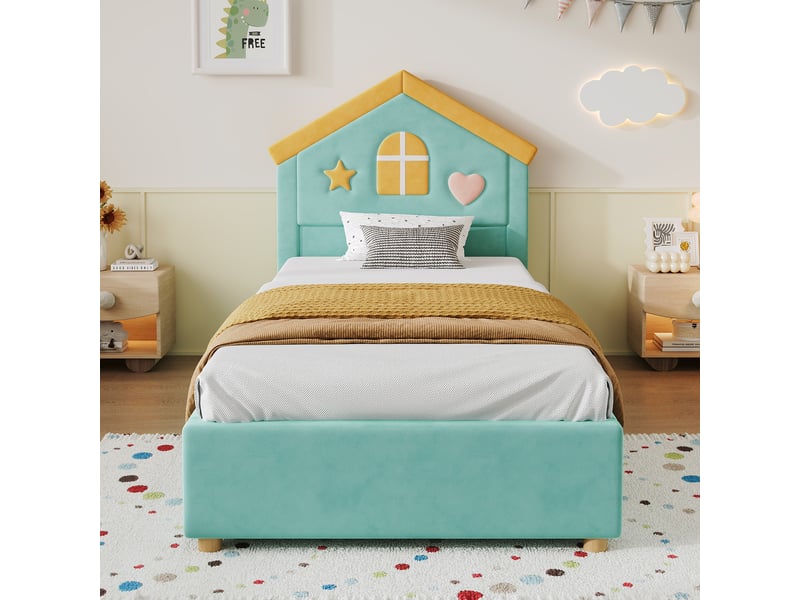  Lit cabane enfant rembourré 90x200 cm en velours avec 4 tiroirs de rangement, tête de lit maison, lit coffre enfant - bleu vert  - Conforama E