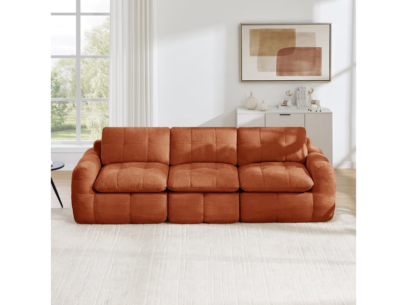 Canapé 3 places - 264 x 97 x 68 cm - canapé modulable en chenille avec assise profonde et coussins - orange - Conforama B
