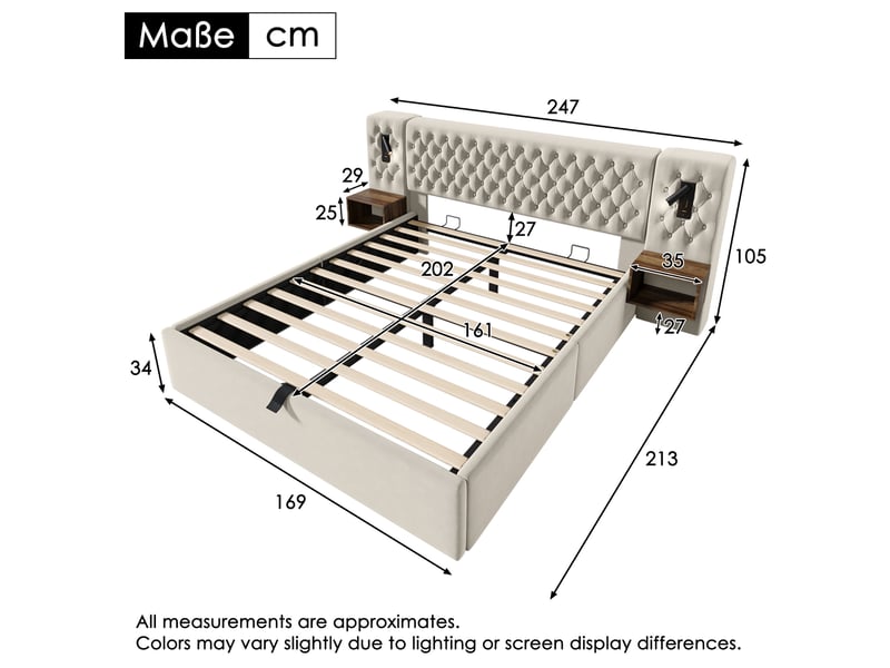  Lit coffre 160x200 cm, beige, sommier à lattes, usb, lampes de lecture, doté de 2 tables de chevet  - Conforama C