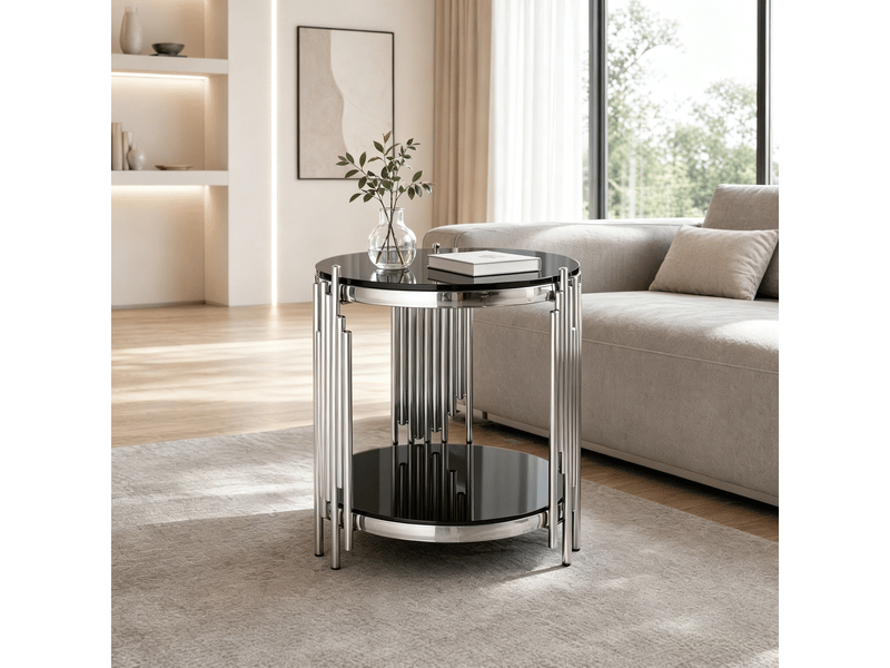  Table basse ronde avec 2 niveaux de rangement, structure en acier inoxydable, pour salon, 56,5 × 51 × 27 cm  - Conforama A