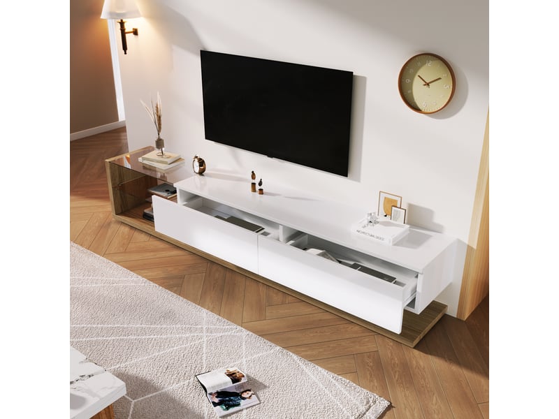  Meuble tv bas 180 cm blanc brillant et effet bois - étagères verre et led - rangement moderne  - Conforama E