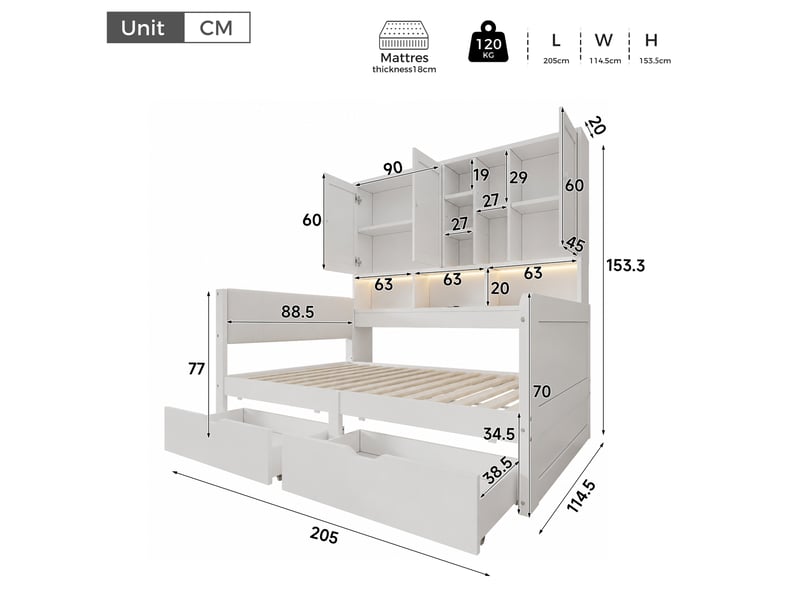  Lit enfant, lit coffre 90x200 avec éclairage led, ports de chargement usb et tiroirs, tête de lit rembourrée en pu, lit de jour, lit d'angle en bois, lit de jour avec étagères et placards, blanc  - Conforama C