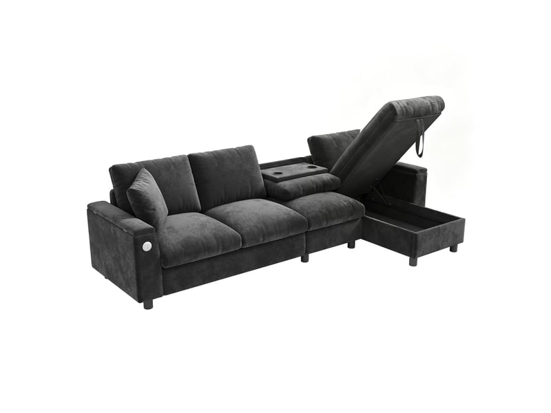 Canapé d'angle réversible, gris en tissu chenille canapé 4 places, avec rangement et table rabattable pour salon moderne, 280x137x84 cm - Conforama A