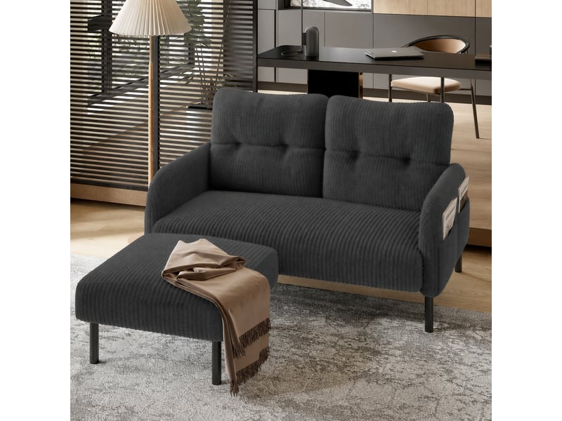  Canapé 2 places en velours côtelé avec poche latérale, dossier haut et pieds en métal, gris  - Conforama E