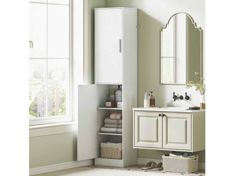  Meuble de rangement salle de bain 40x35x180 cm 2 portes anti-basculement bois blanc  - Conforama B