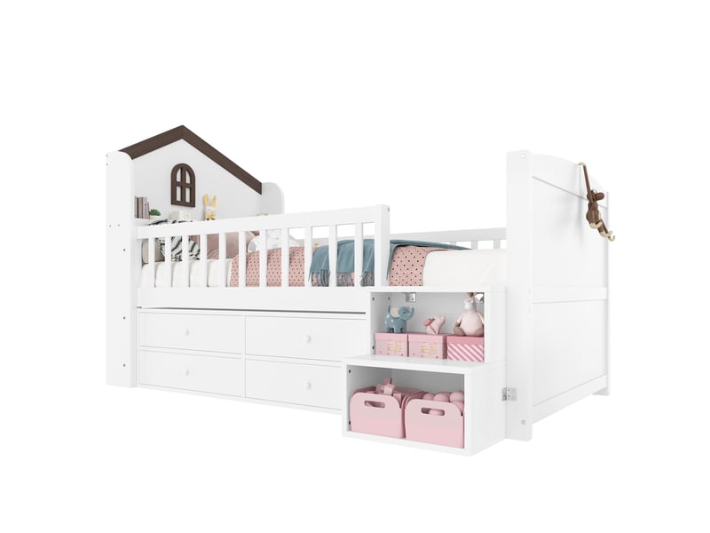  Lit mezzanine enfant mi-hauteur 200×90 cm avec 4 tiroirs, étagères et éclairage led, sans matelas, blanc  - Conforama A