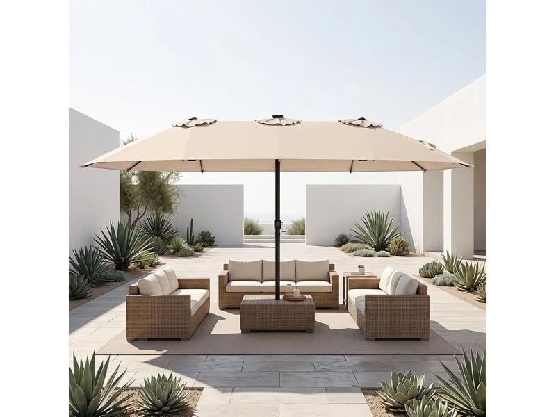  Parasol à 12 baleines (beige, 4,36 x 2,58 m, led, pied non inclus) | parasol rectangulaire avec manivelle, 144 led solaires, 12 modes  - Conforama B