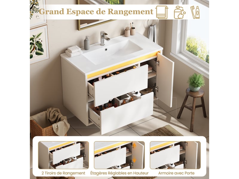  Meuble sous-vasque mural avec vasque céramique et led 81x47x51 cm blanc  - Conforama D