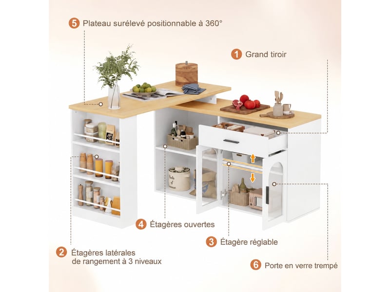  Îlot de cuisine avec plateau pivotant à 360° 136 x 50 x 78 cm, tiroir, étagères, portes vitrées et rangement, blanc  - Conforama B
