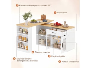 Îlot de cuisine avec plateau pivotant à 360° 136 x 50 x 78 cm, tiroir, étagères, portes vitrées et rangement, blanc