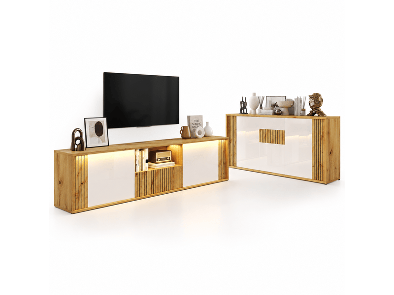  Ensemble meuble tv 180 cm et buffet 140 cm, blanc et bois, pour tv 75 pouces  - Conforama D