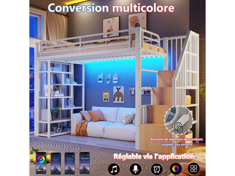  Lit mezzanine enfant 90x200 cm avec espace libre sous le lit -avec led, étagère, marches intégrées et barrière de sécurité, métal blanc evarich - Conforama D