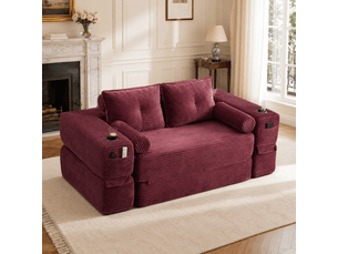 Canapé droit convertible 2 places en velours côtelé rouge 180x98x80 cm, avec poches, porte-gobelet, salon séjour