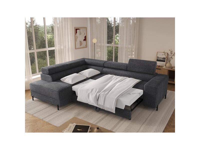  Canapé d'angle colesia convertible 5 places gris foncé velours côtelé – gauche – 274x200cm  - Conforama C