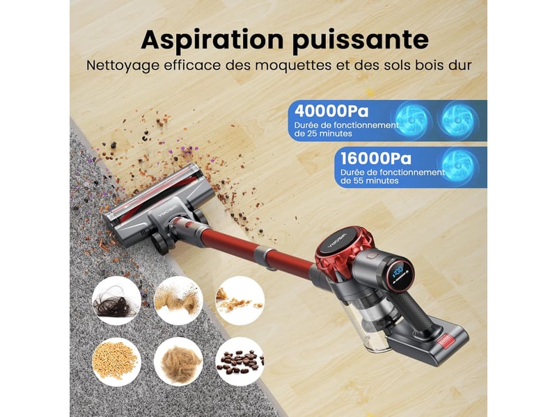  Aspirateur balai sans fil puissant 300w 40000pa 6 en 1 - filtre hepa brosse anti-emmêlement écran led - rouge et gris  - Conforama B
