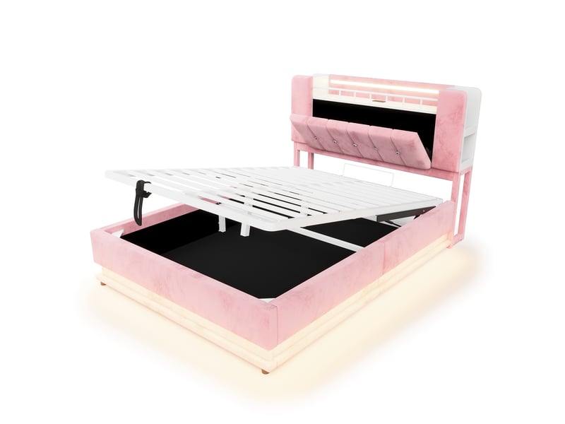  Lit coffre 140 x 200 cm avec rangement hydraulique, led et usb, lit double rembourré en velours rose avec rangement intégré dans la tête de lit  - Conforama E
