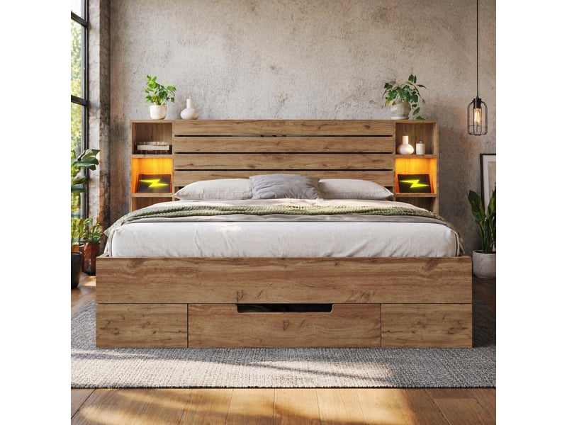  Lit double 180 x 200 cm chêne avec rangement, led, usb et type-c  - Conforama C