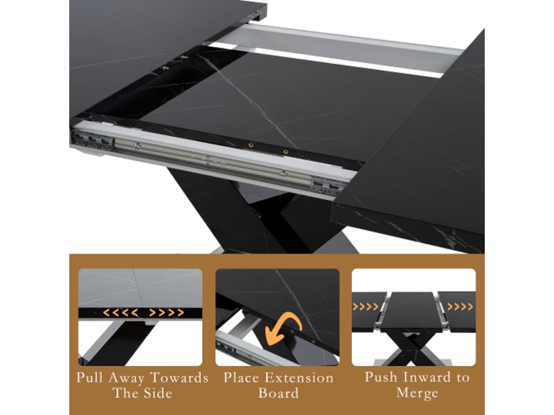  Table à manger rectangulaire moderne extensible 120–160 cm, plateau effet marbre noir, pieds en x mdf, socle métallique  - Conforama E