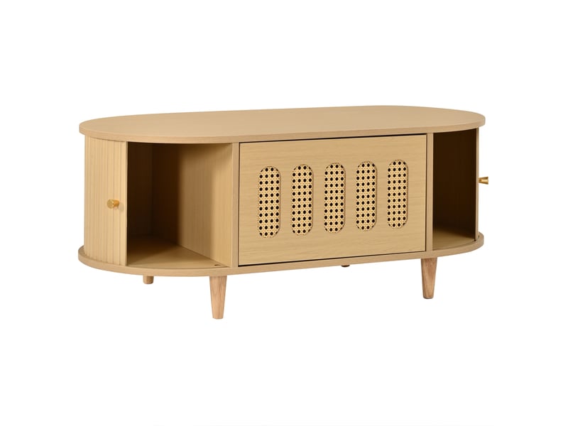  Table basse 100x50x40 cm en mdf, 1 tiroir et 2 portes à rideau, coloris bois naturel  - Conforama A