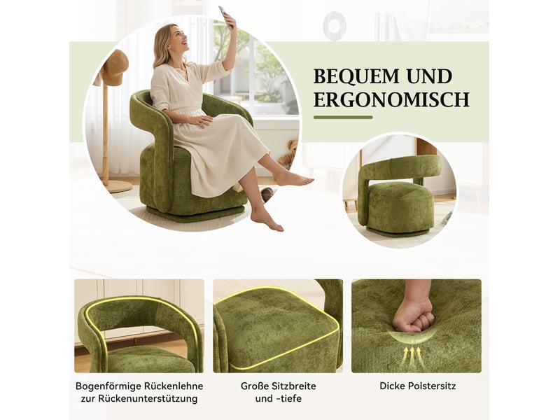  Fauteuil pivotant 360° 70x65,5x74 cm, dossier arrondi, assise rembourrée, tissu chenille et bois, vert  - Conforama E